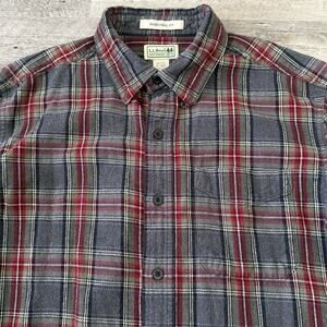 LL Bean Flannel Shirt Mens Medium Long Sleeve Traditional Fit Gray Tartan Plaid